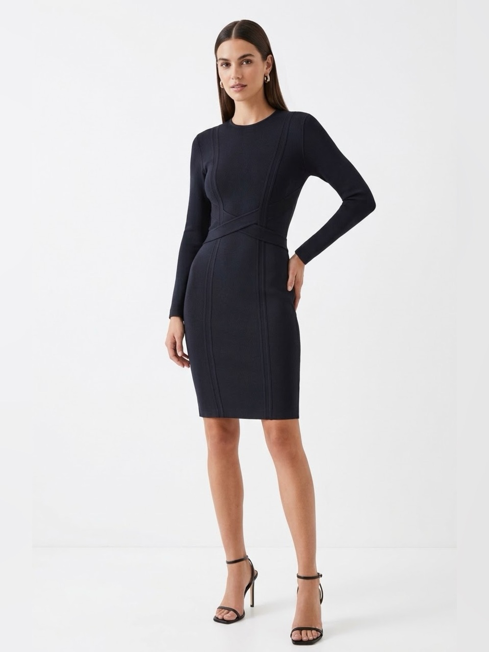 Contemporary Black Cris Cross Keyhole Belted Long Sleeve Little Black Dress